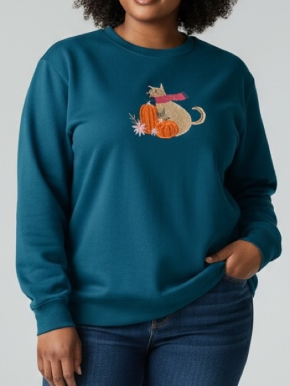 Women’s 1X Fall Pumpkin Dog Embroidered Crewneck Sweatshirt